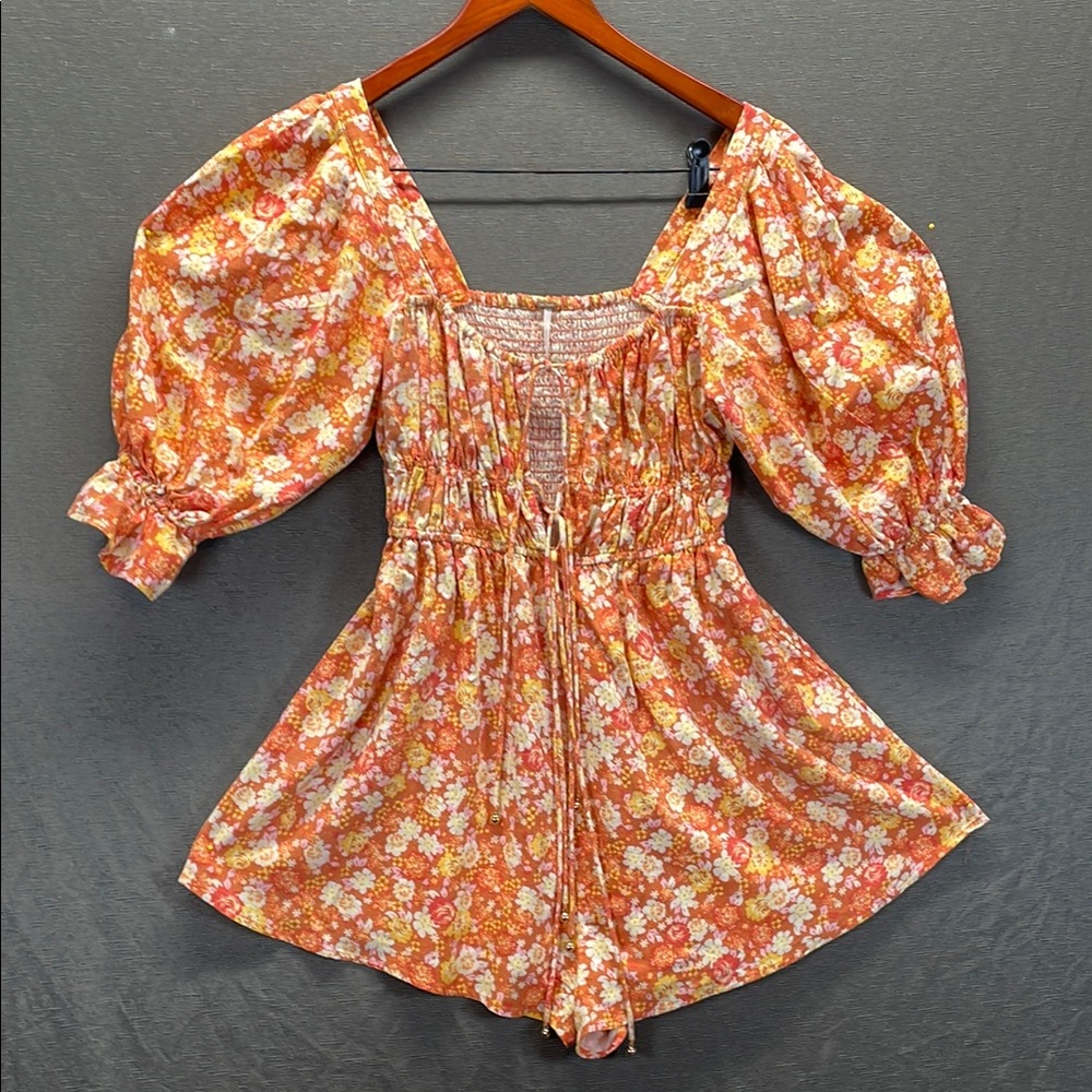Free People Orange Pink Linen Jumpsuit with Puff Sleeves